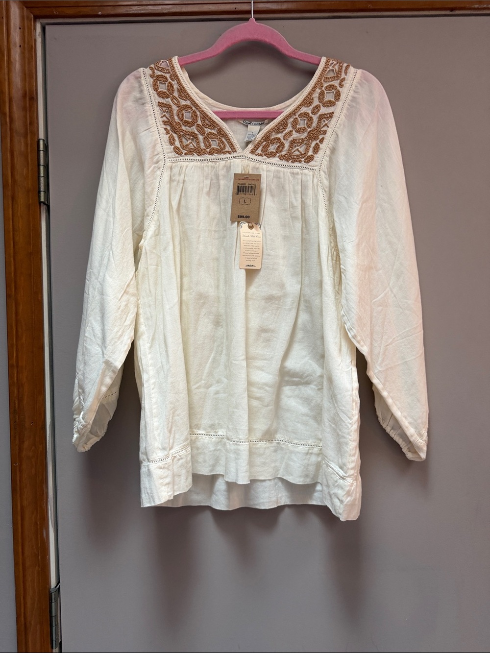Lucky Brand Ivory Tunic with Brown Embroidered Yoke Sz L Lined cotton NWT